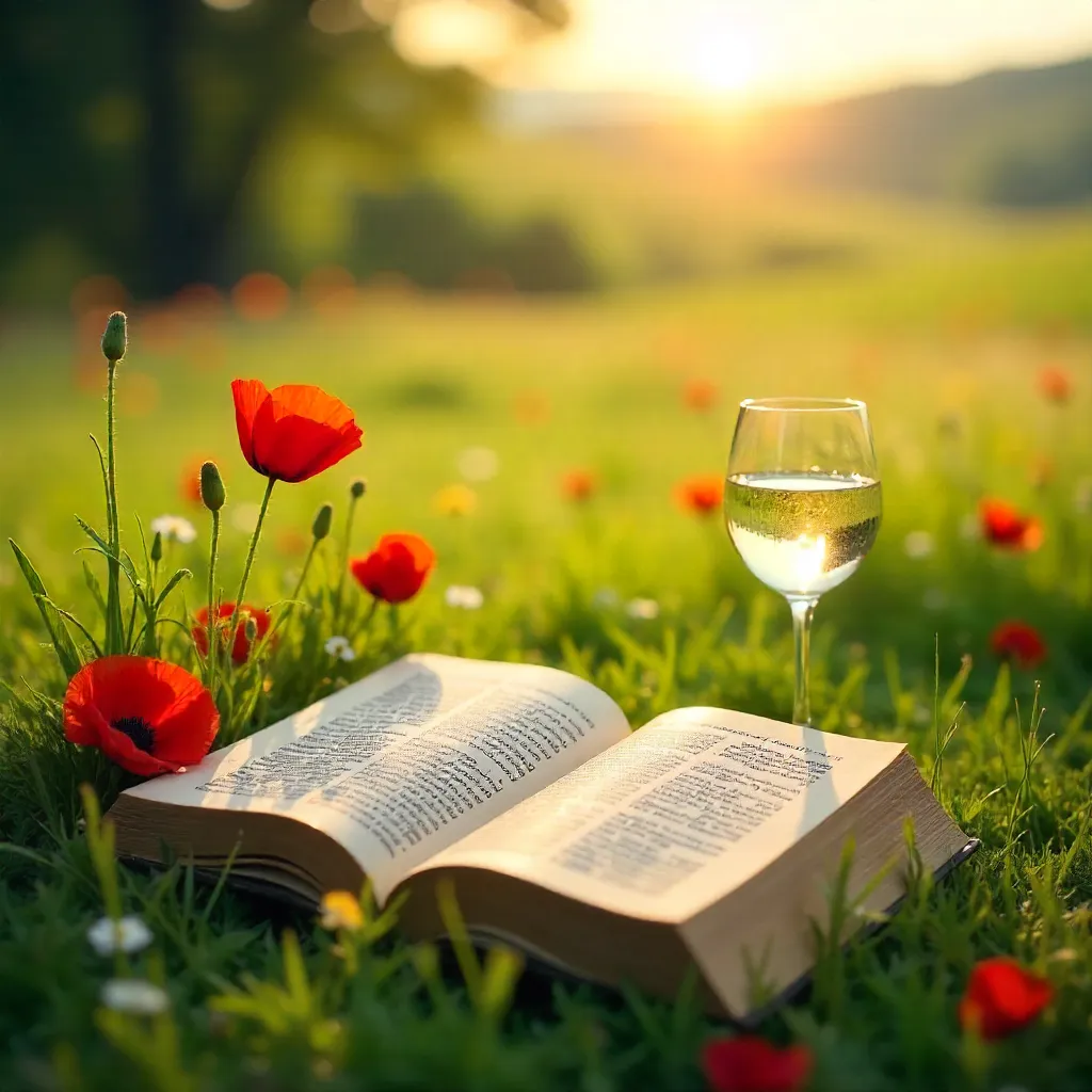 Romantic Meadow with Open Book, Wine Glass and Poppies