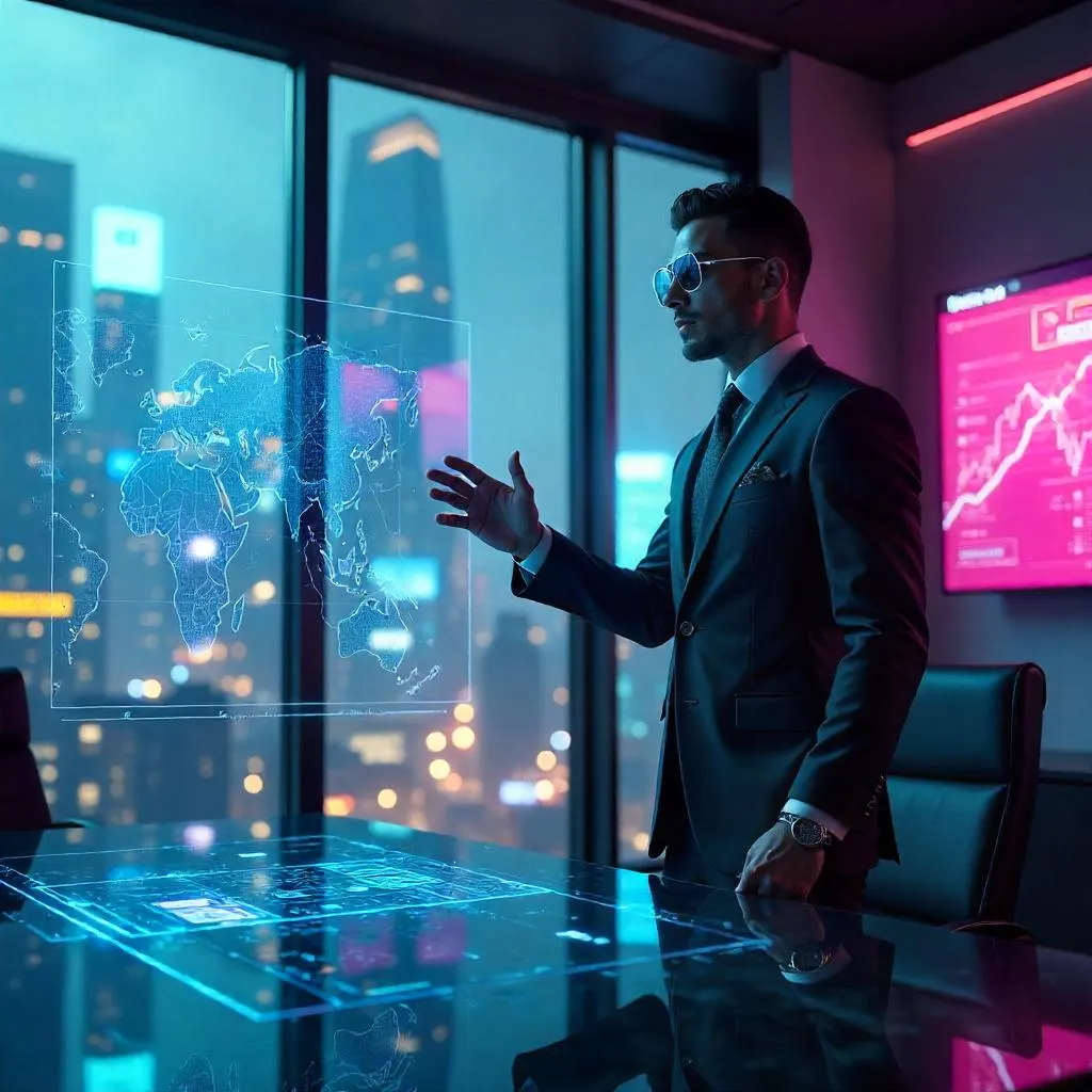 Athletic Latino in a Cyberpunk Boardroom