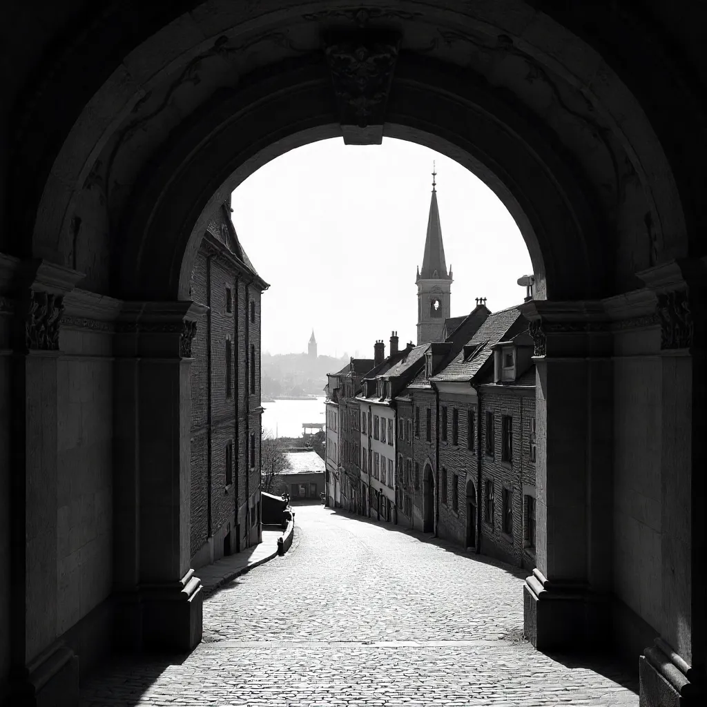Ornate Archway Framing a Historic Cityscape (B&W)