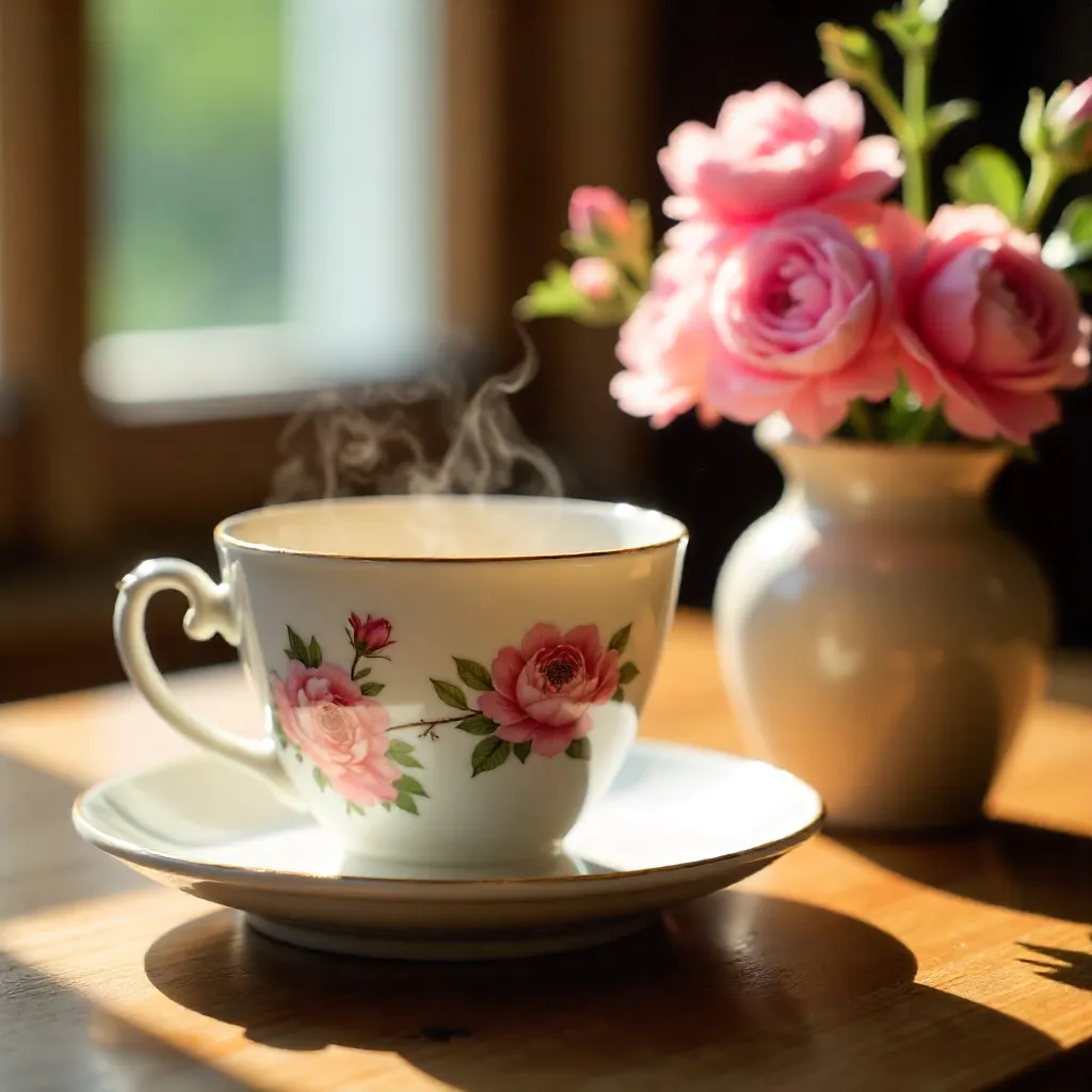 Cozy Close-Up: Floral Cup and Pink Flowers