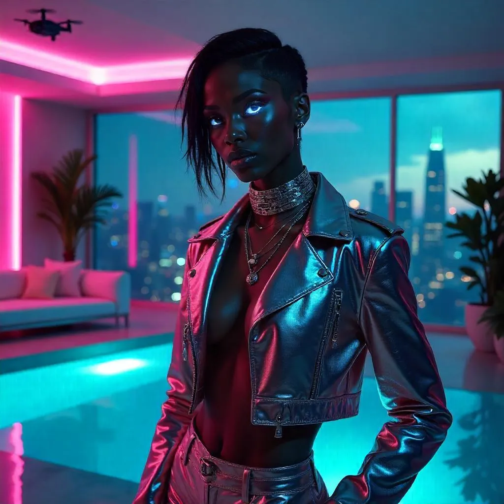 Stylish Black Girl in a Neon Cyberpunk Villa