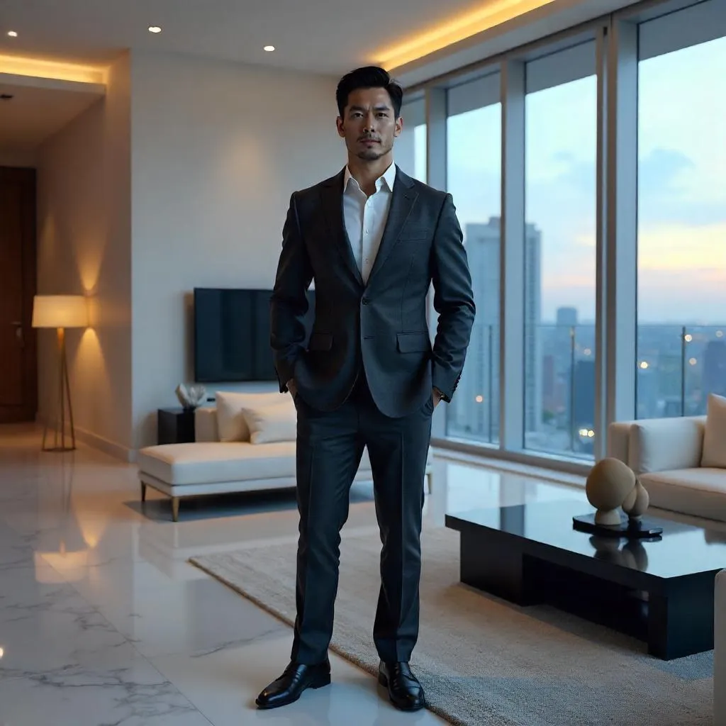 Strong Asian Man in a Luxe Penthouse