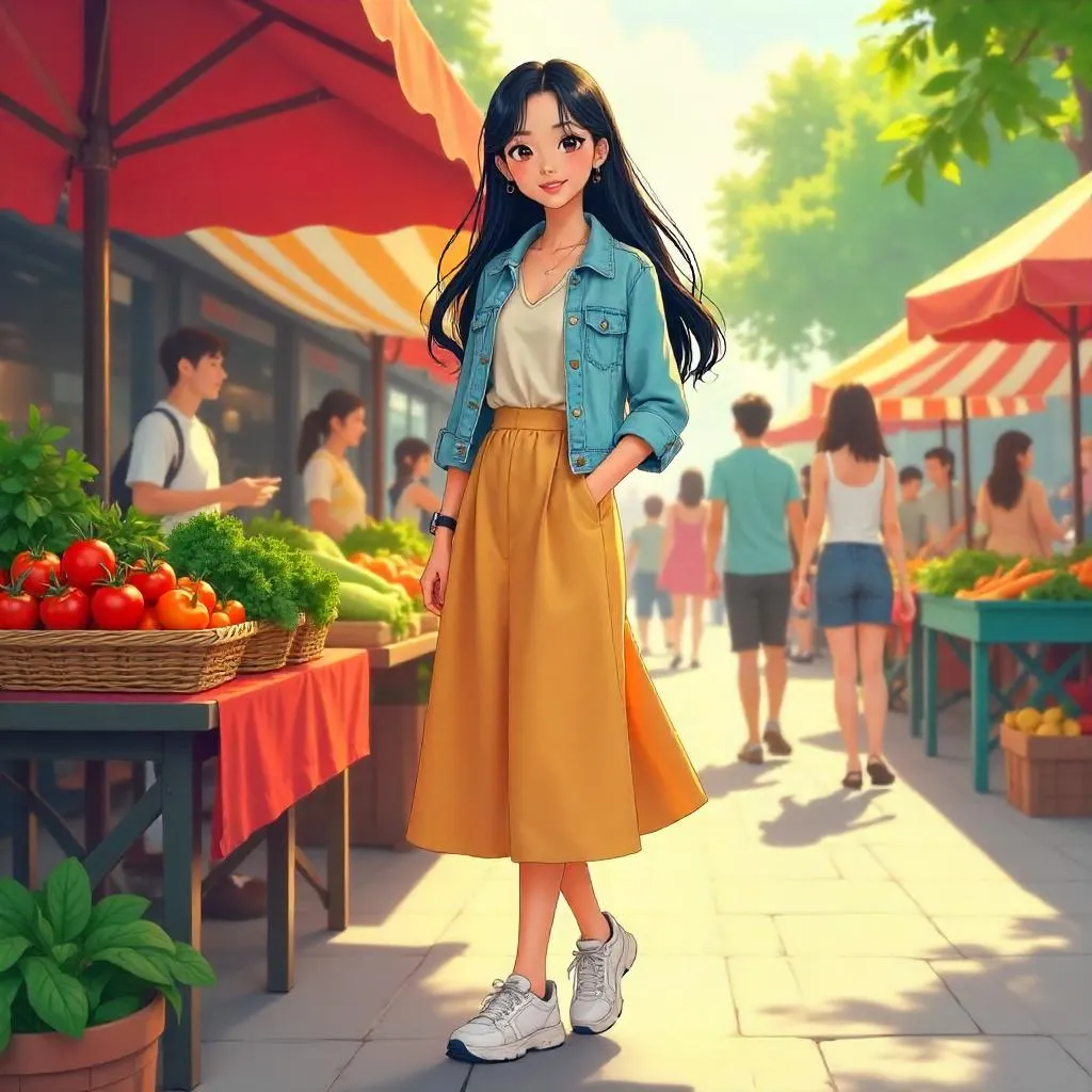 Stylish Asian Young Woman at a Sunny Farmers Market