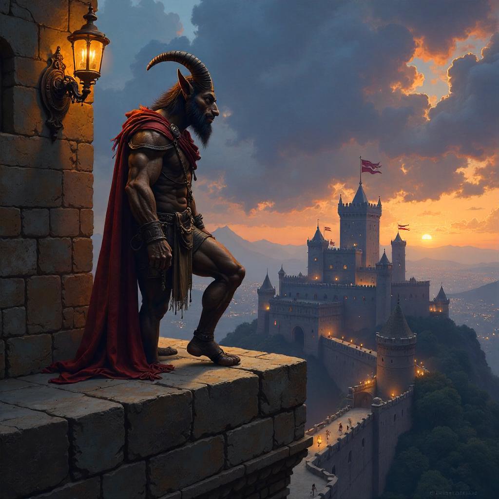 Satyr on the Fortress Parapet: An Oil Painting