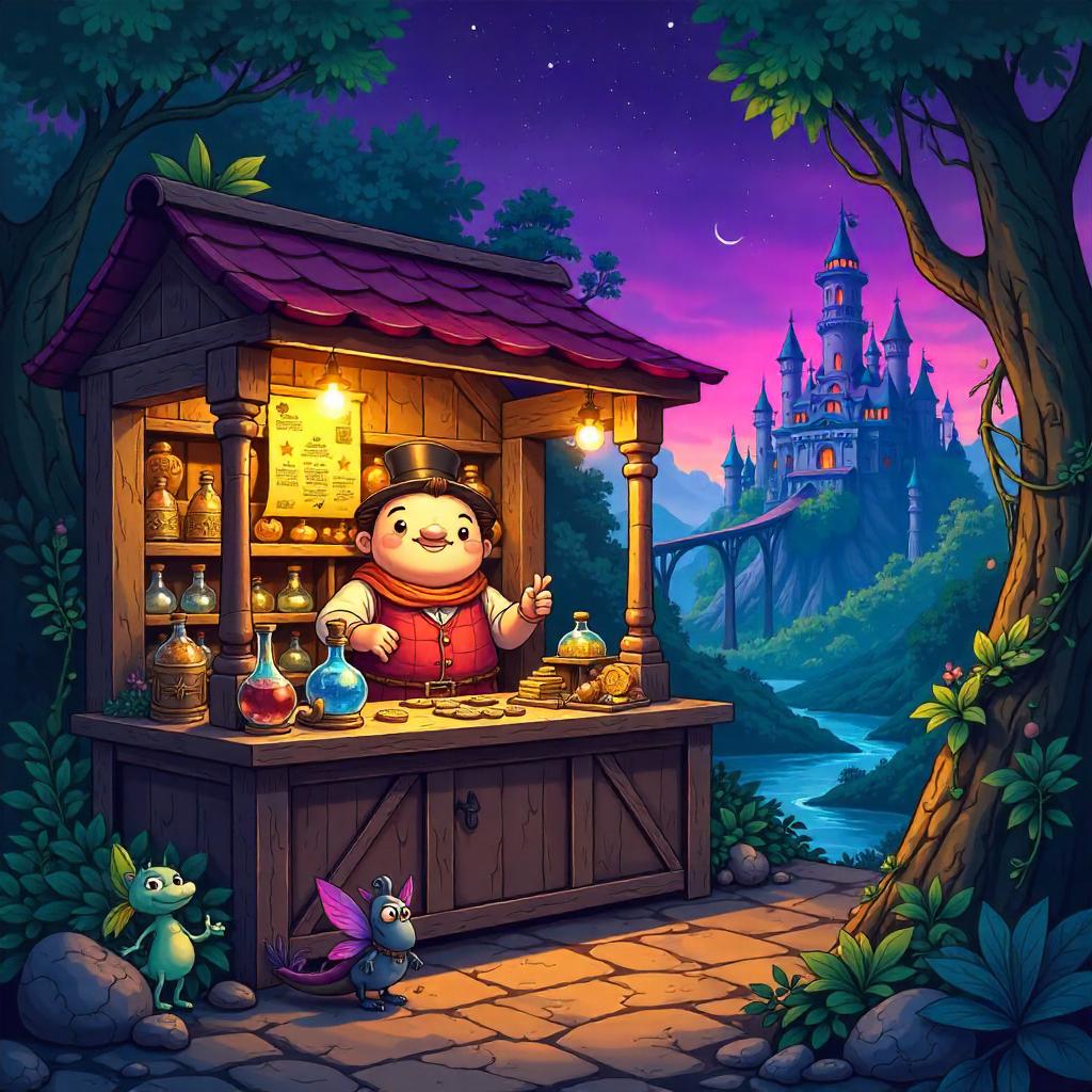 The Enchanted Realm Merchant: A Cartoon Bazaar