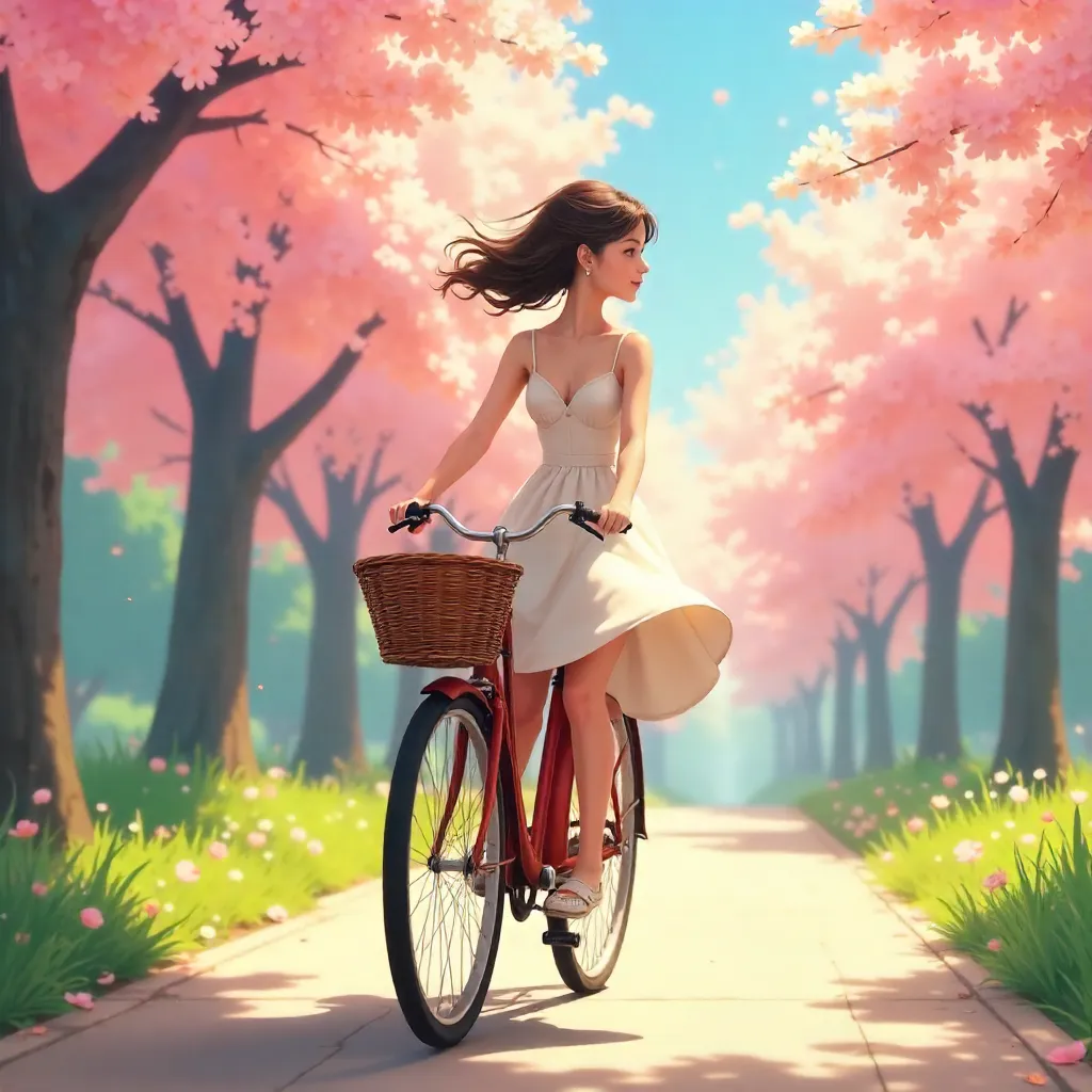 Elegant Anime Girl on a Bicycle in Spring