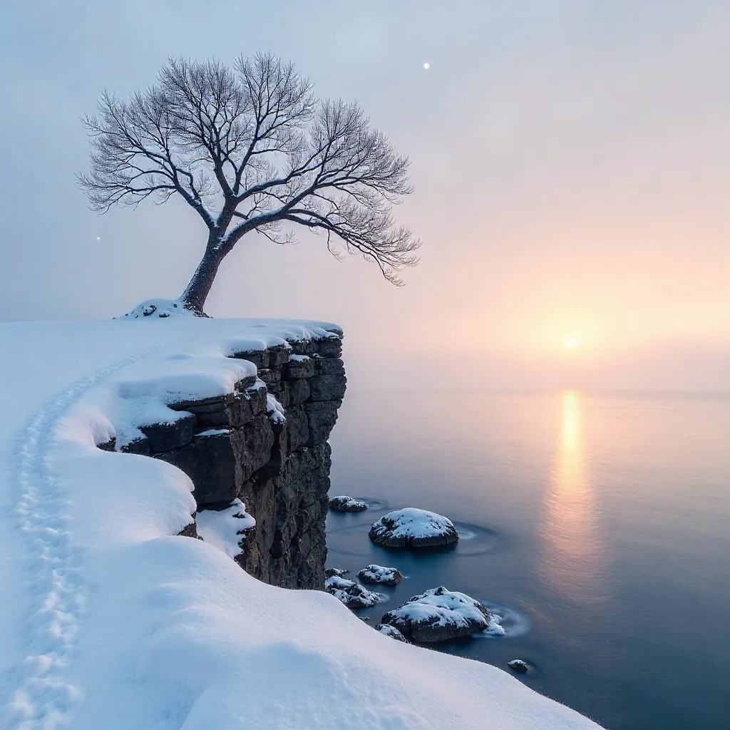 Tranquil Snowy Cliff by the Water's Edge
