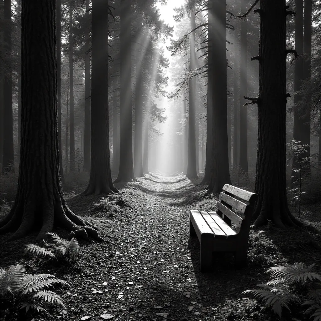Monochrome Quiet: Lone Bench in the Forest