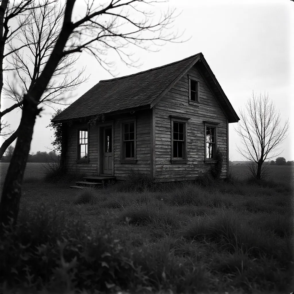 Abandoned Cottage Amid Wild Grass and Trees (B&W)