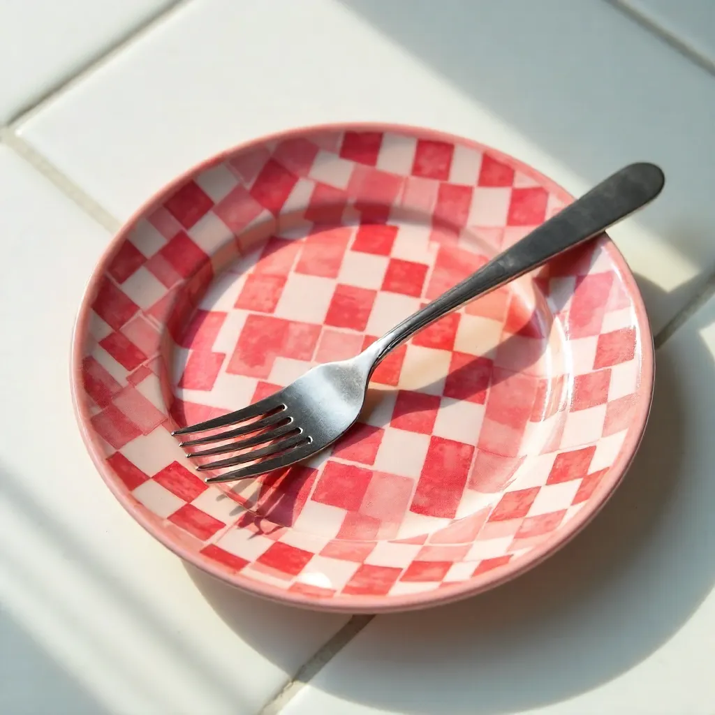 Pink Plate with Red Checkered Pattern on Tiles
