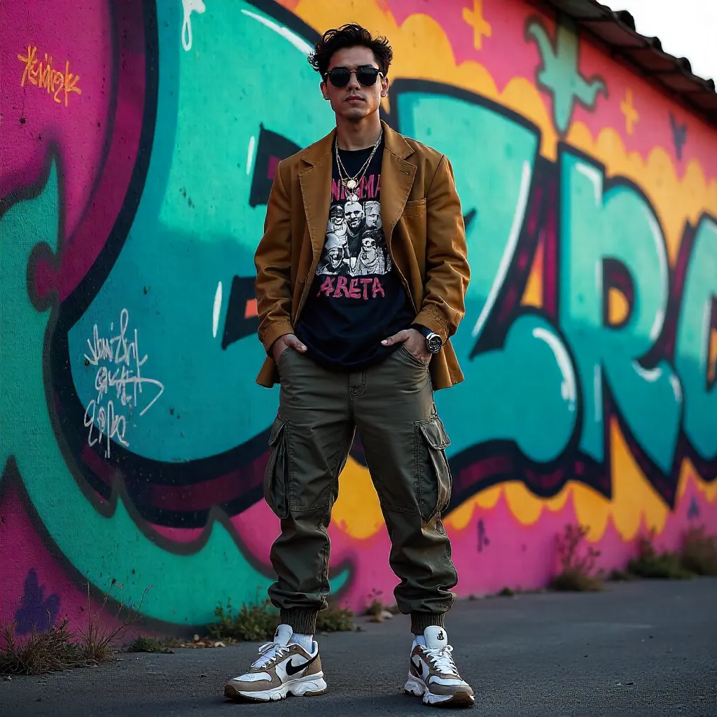 Urban Chic Streetwear Against Neon Graffiti Backdrop