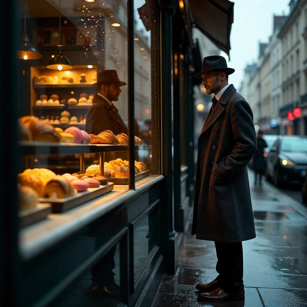 Window Reflection of a Stylish Man at the Pastry Counter