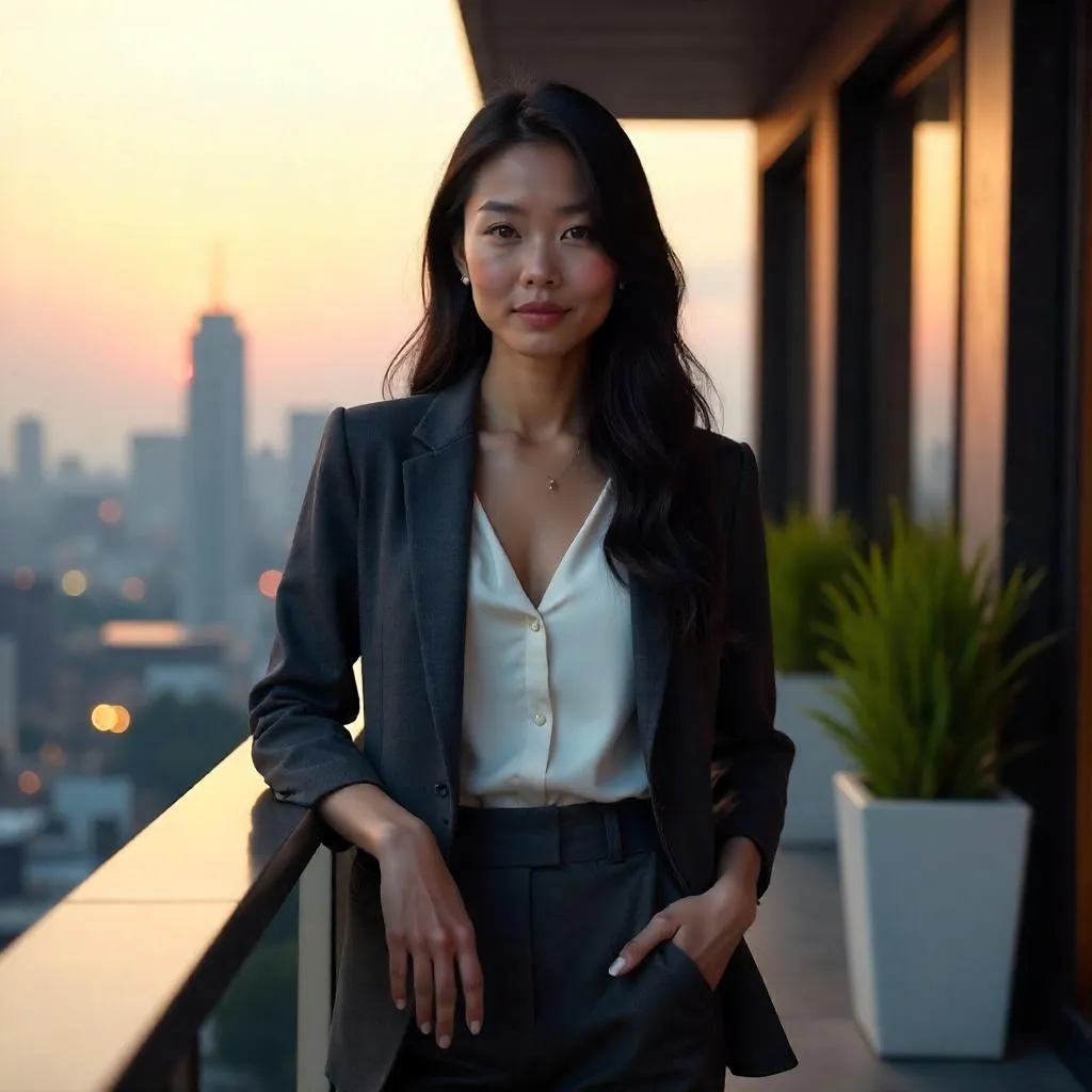 Confident Asian Woman on a City Balcony