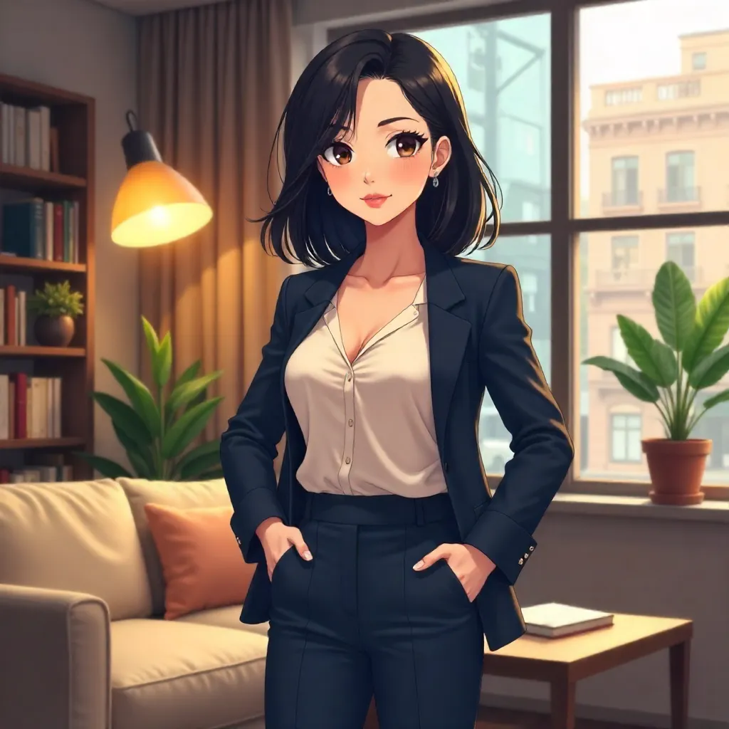 Confident Asian Woman in a Cozy Anime Home
