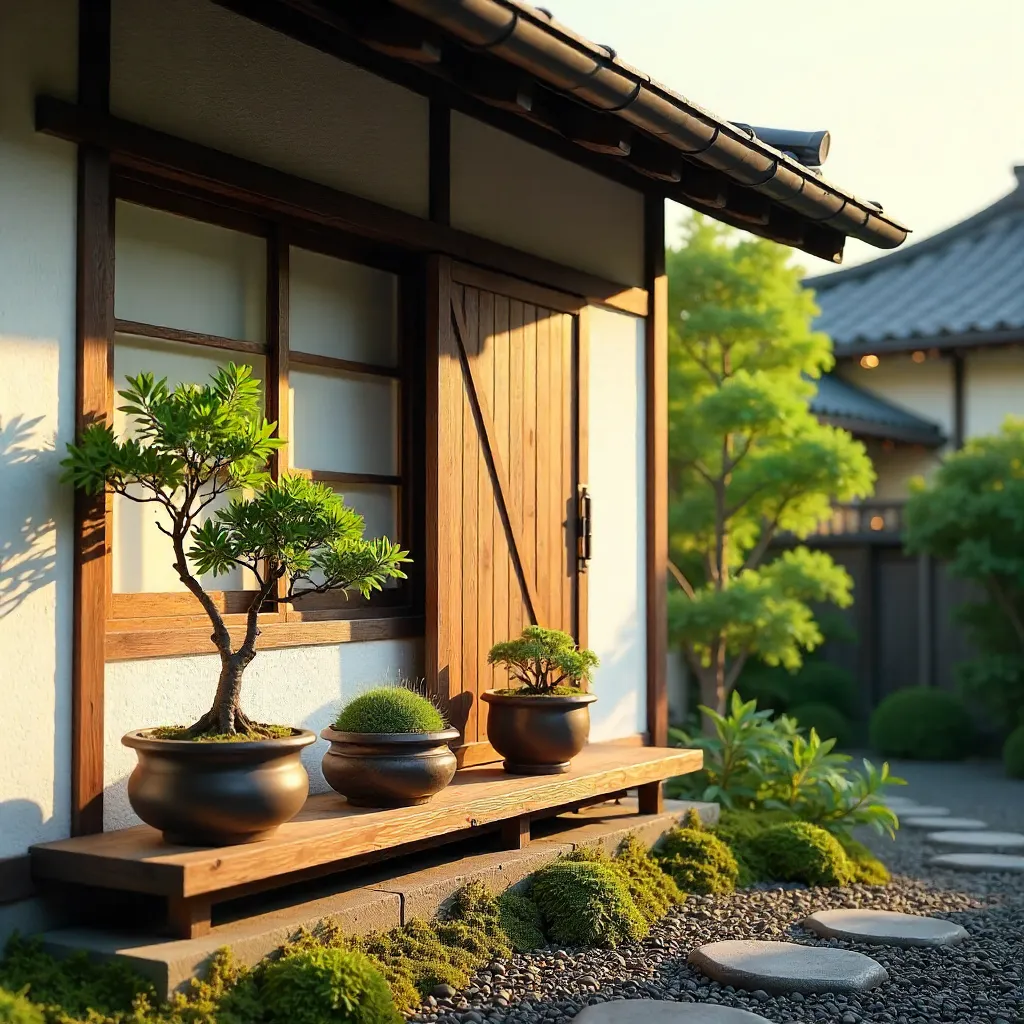 Serene Japanese House Facade with Potted Plants