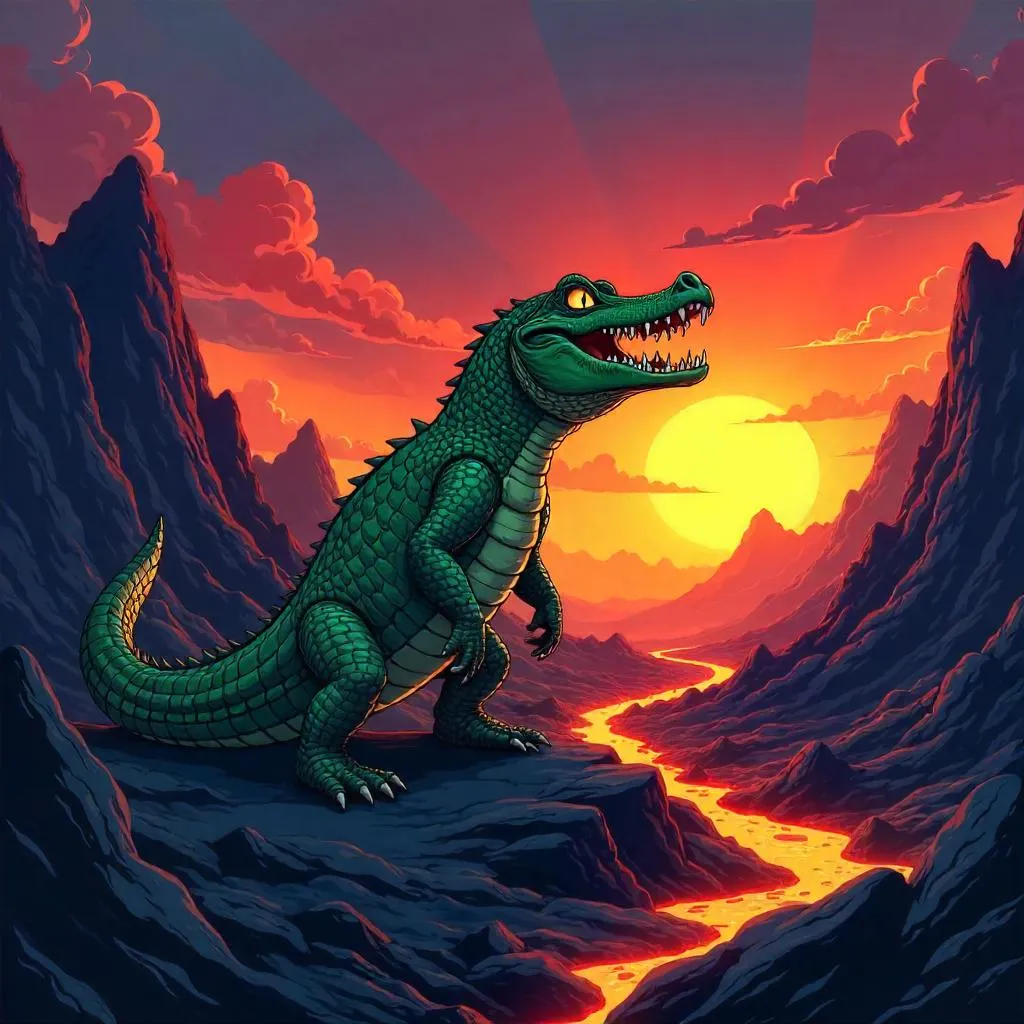 Volcanic Crocodile: Anime Style on Jagged Rocks