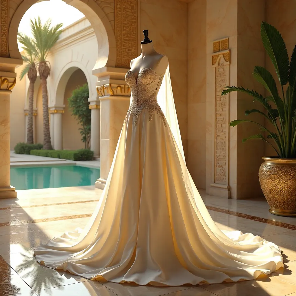 Egyptian Elegance: White Wedding Dress Display