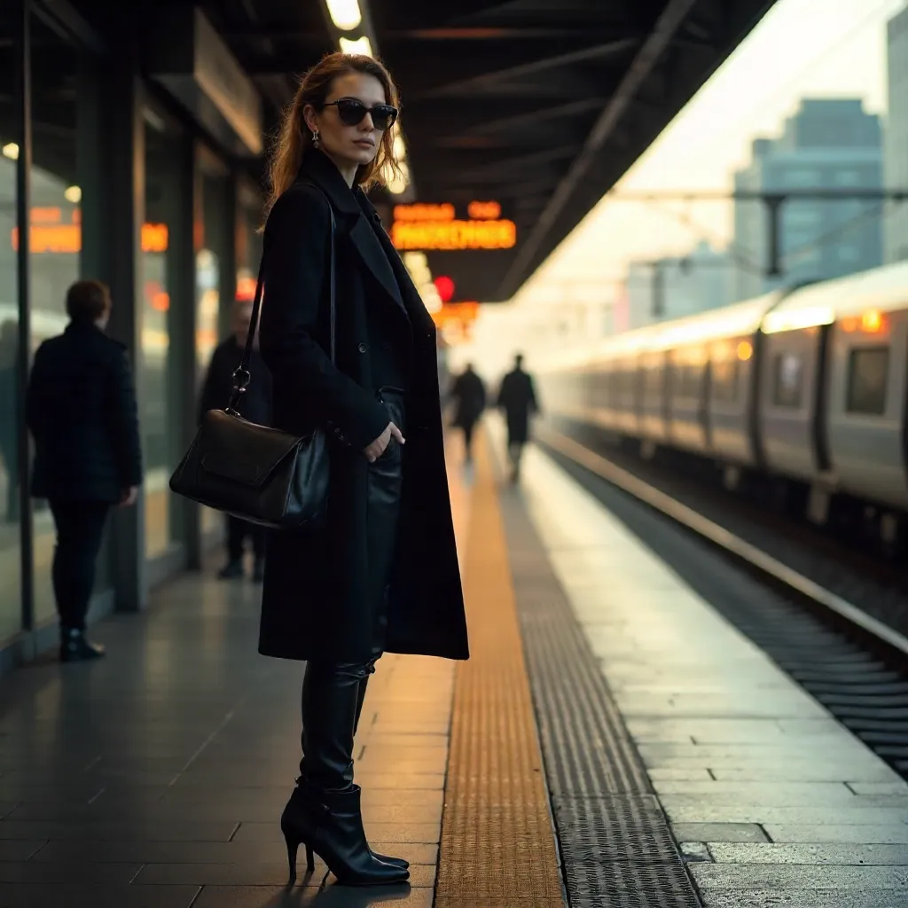 Urban Noir: Black-Clad Woman at Hamburg Hauptbahnhof