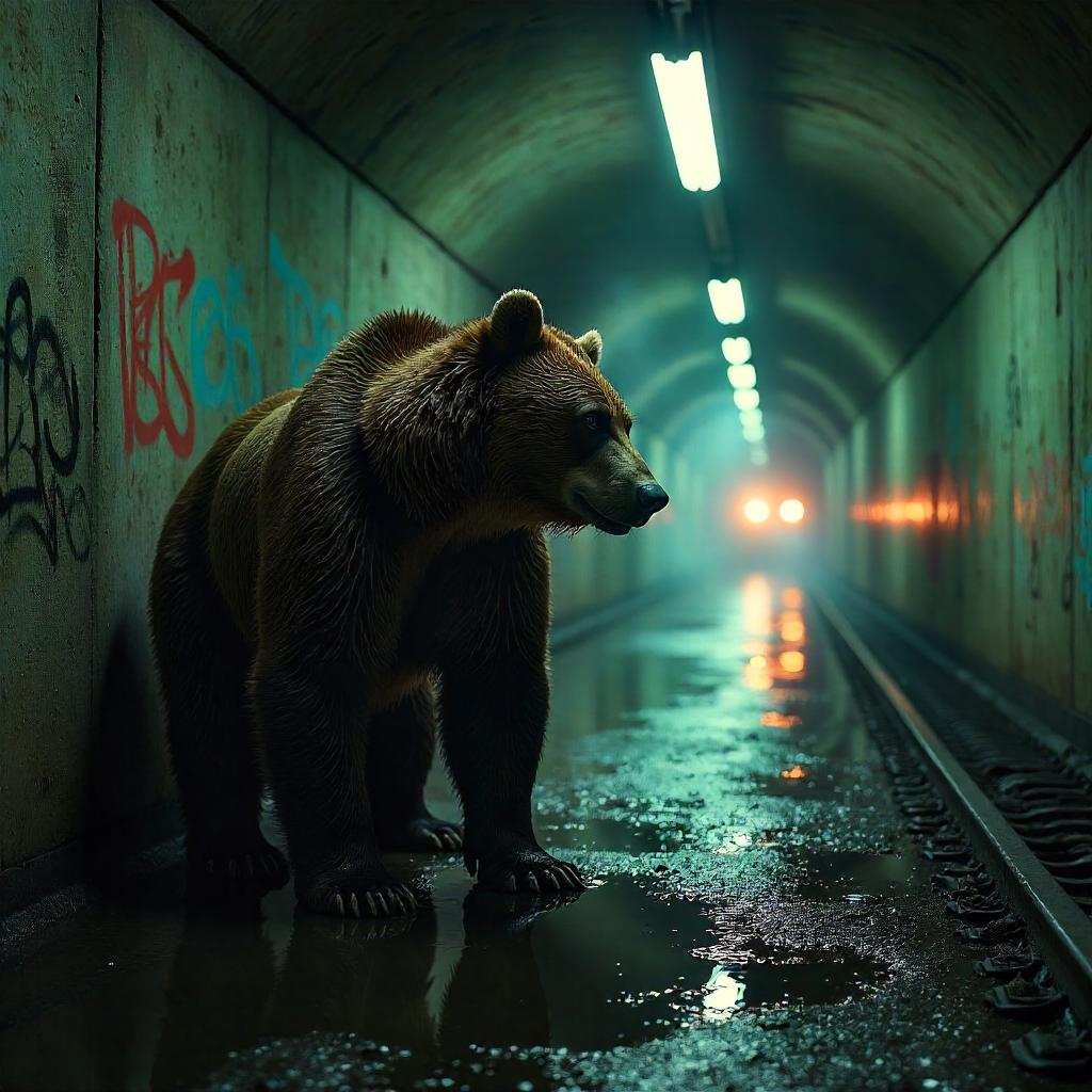 Photoreal Bear in a Dim Subway Tunnel