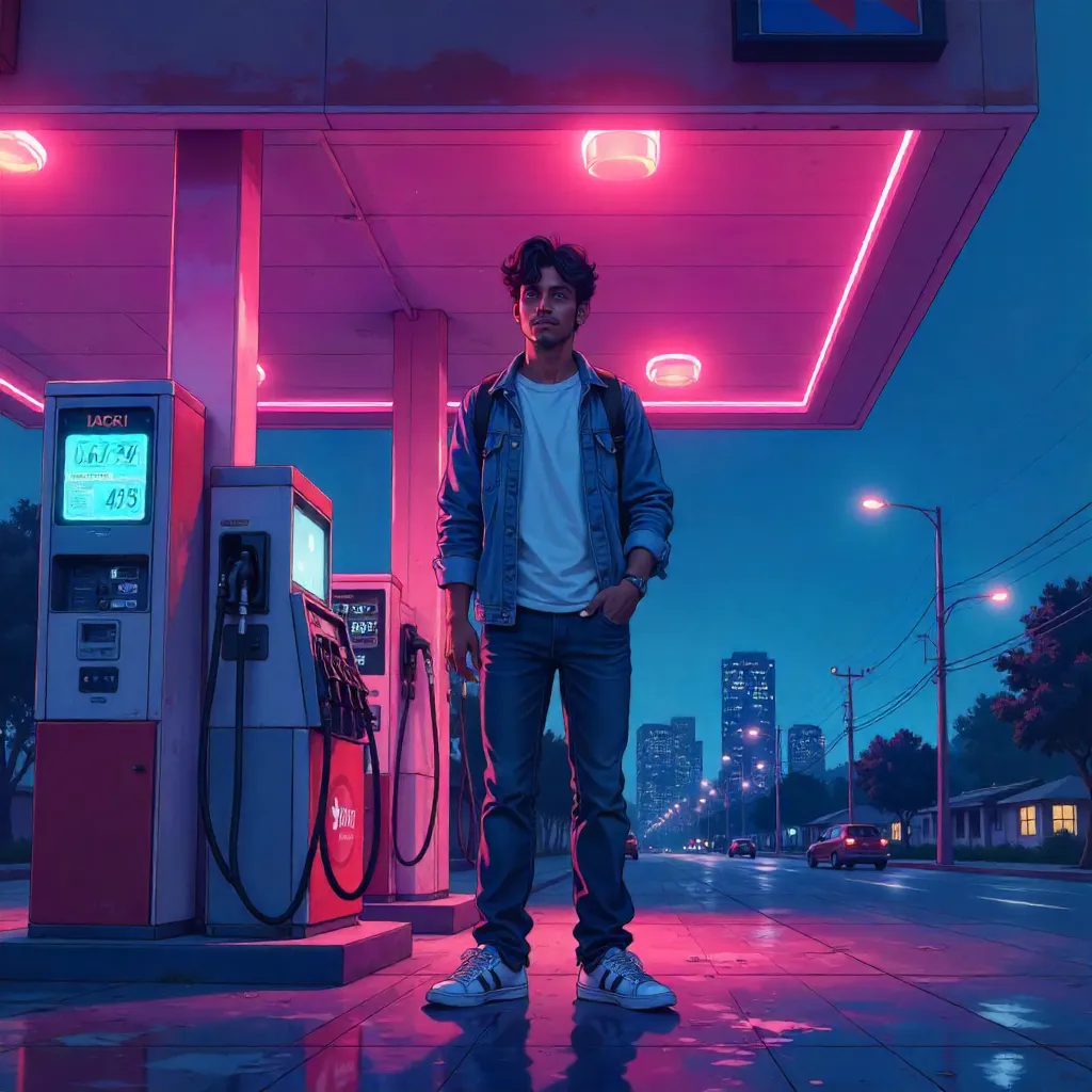Neon-lit anime Indian man at a gas station
