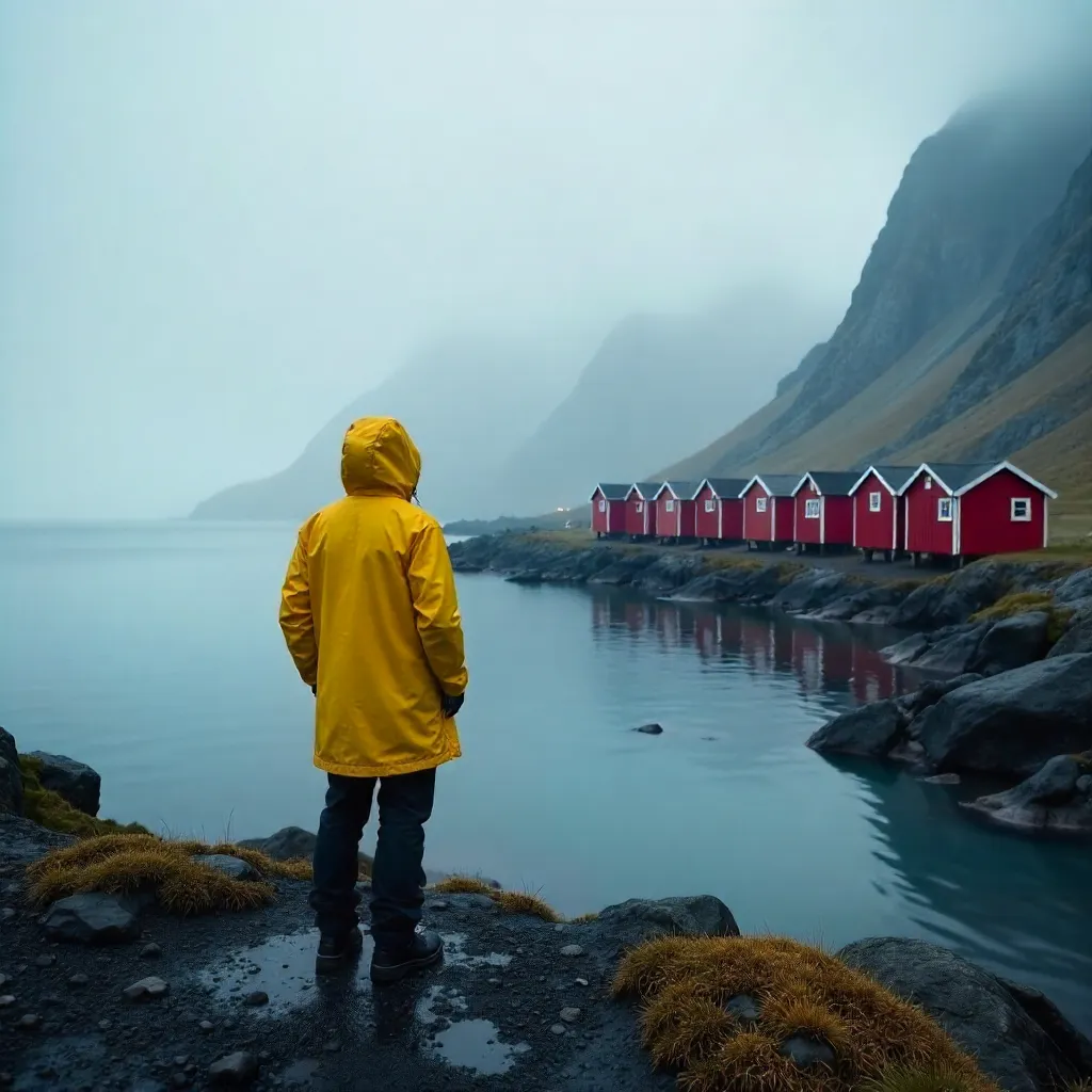 Yellow Jacket Overlooking Foggy Lofoten Cabins