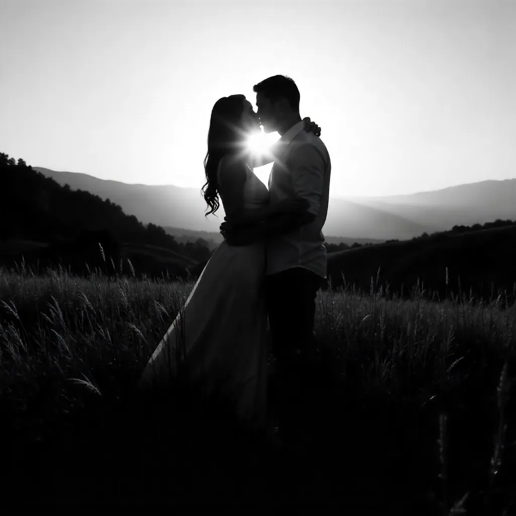 Backlit Silhouette: A Couple Embracing Outdoors at Sunset