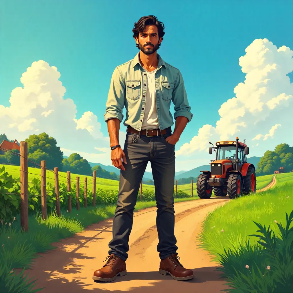 Handsome Indian Man on a Sunset Farm (Anime)