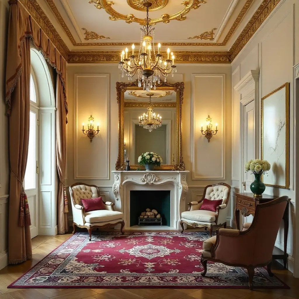 Elegant Vintage Room with Ornate Ceiling and Gold Mirror