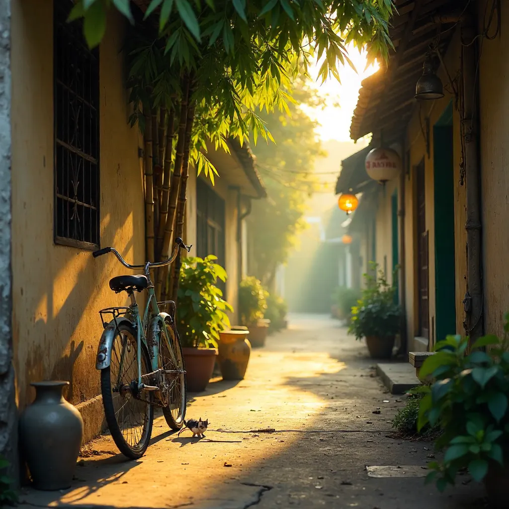 Tranquil Hanoi Alley: Bamboo, Bicycle, Soft Light