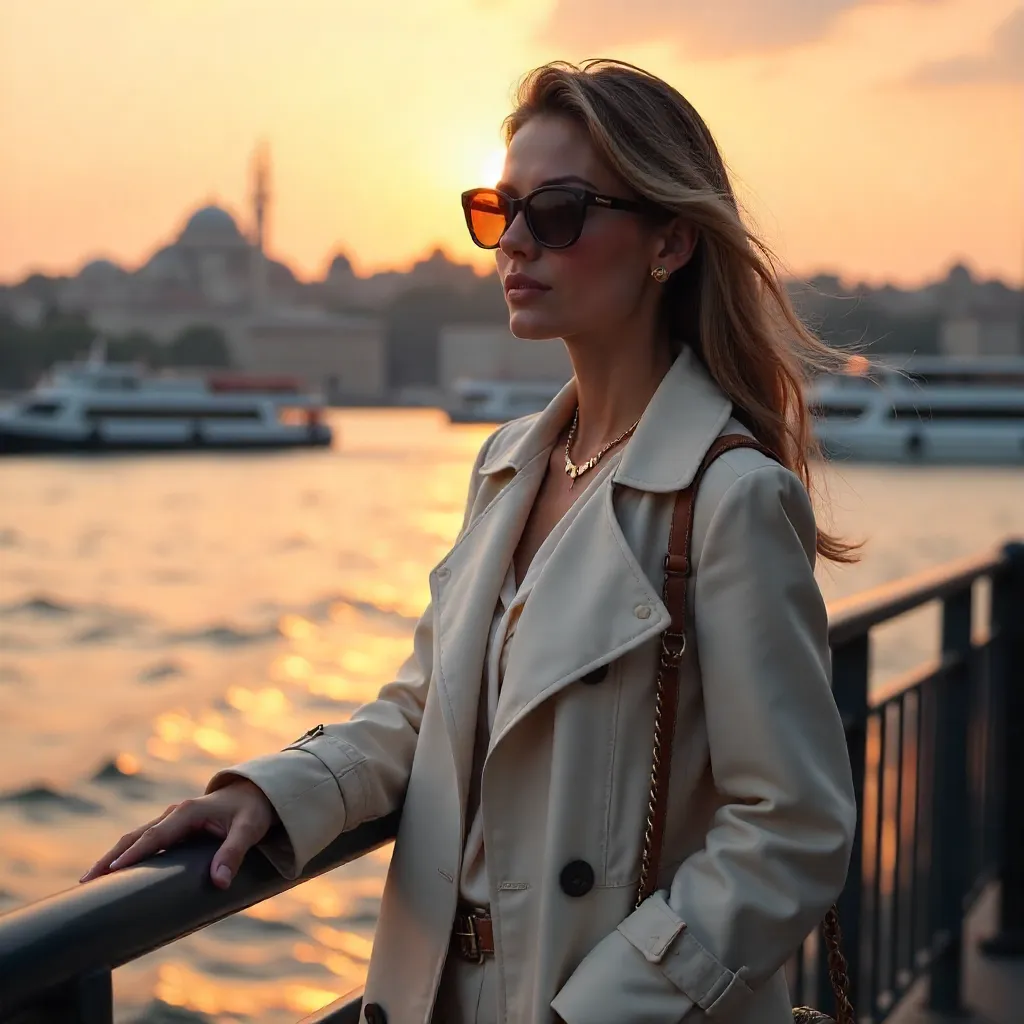 Sunset Chic: Woman in Sunglasses by Istanbul Waterfront