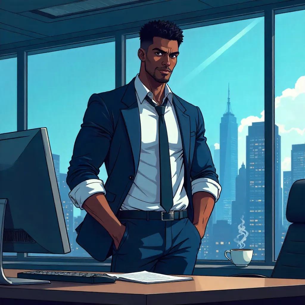 Athletic Black Man in an Anime Office Scene