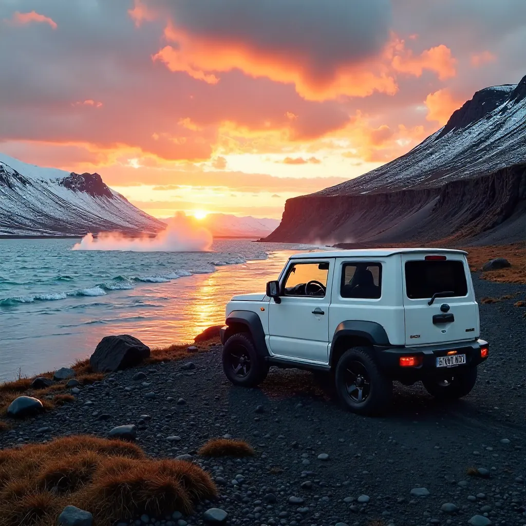 White Suzuki Jimny at Icelandic Sunset River