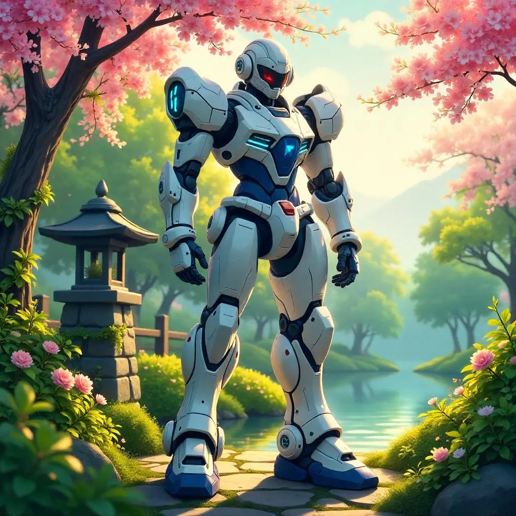Anime Mecha in a Tranquil Garden