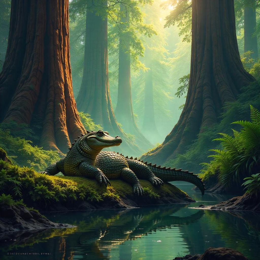 Crocodile Among Redwood Giants: Digital Art