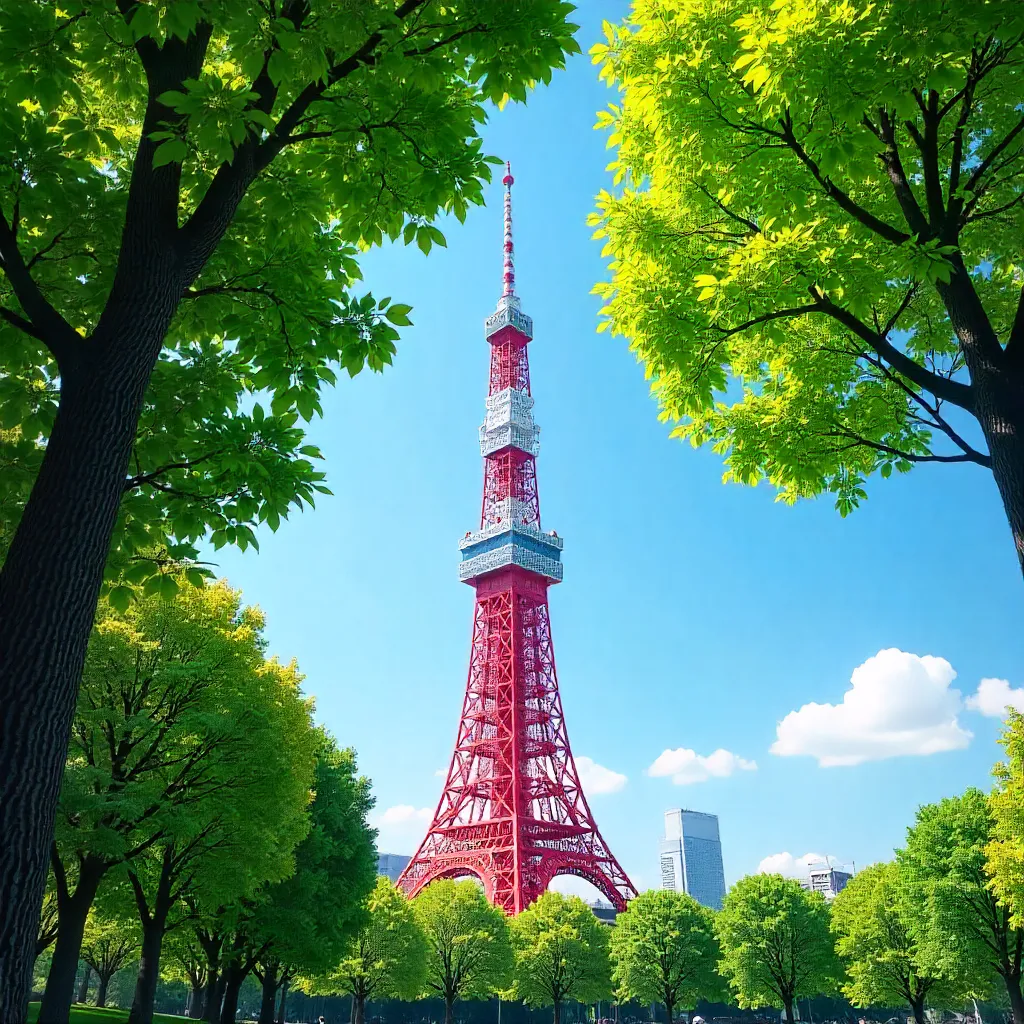 Vibrant Tokyo Tower Framed by Trees on a Sunny Day