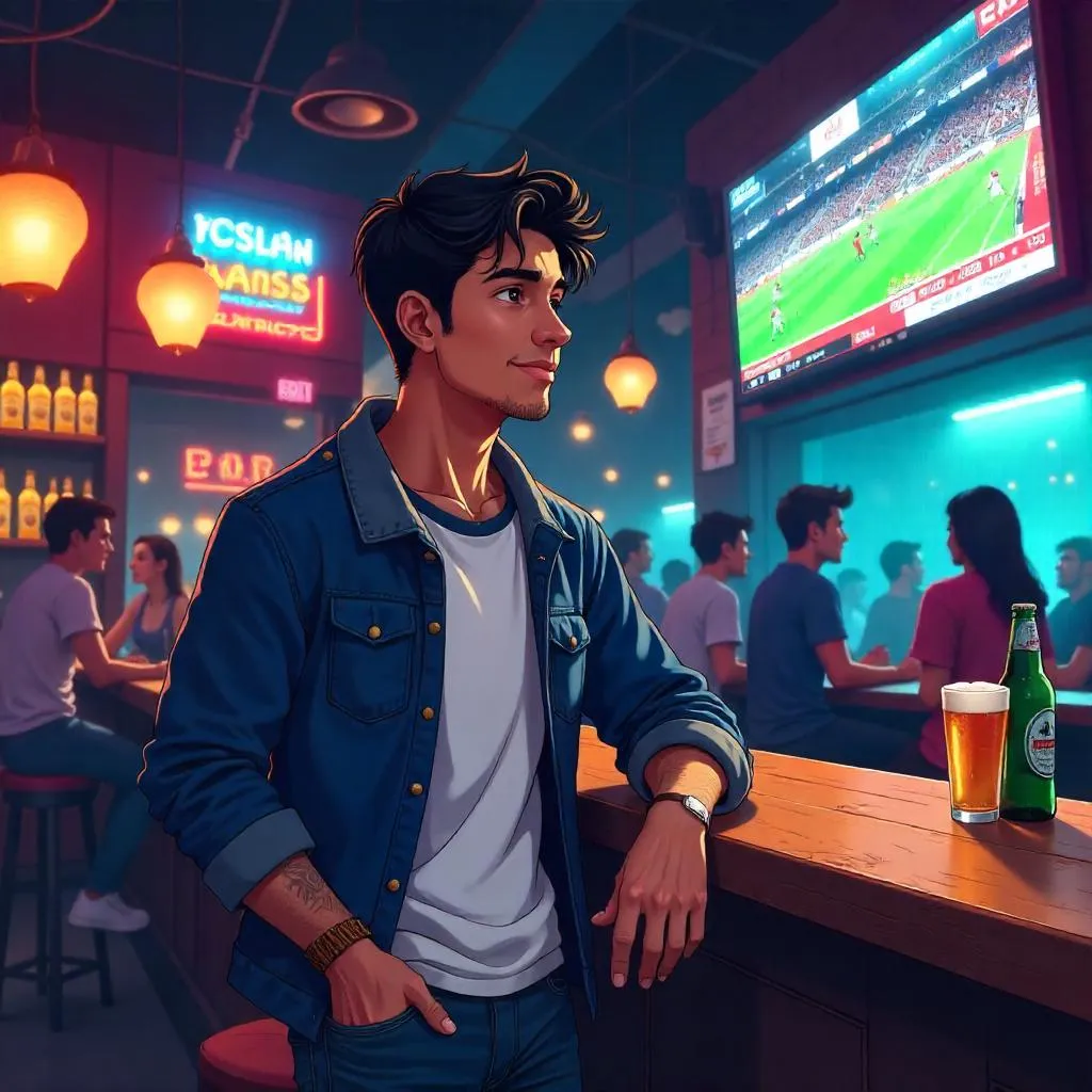Anime Style Young Latino Man in a Sports Bar