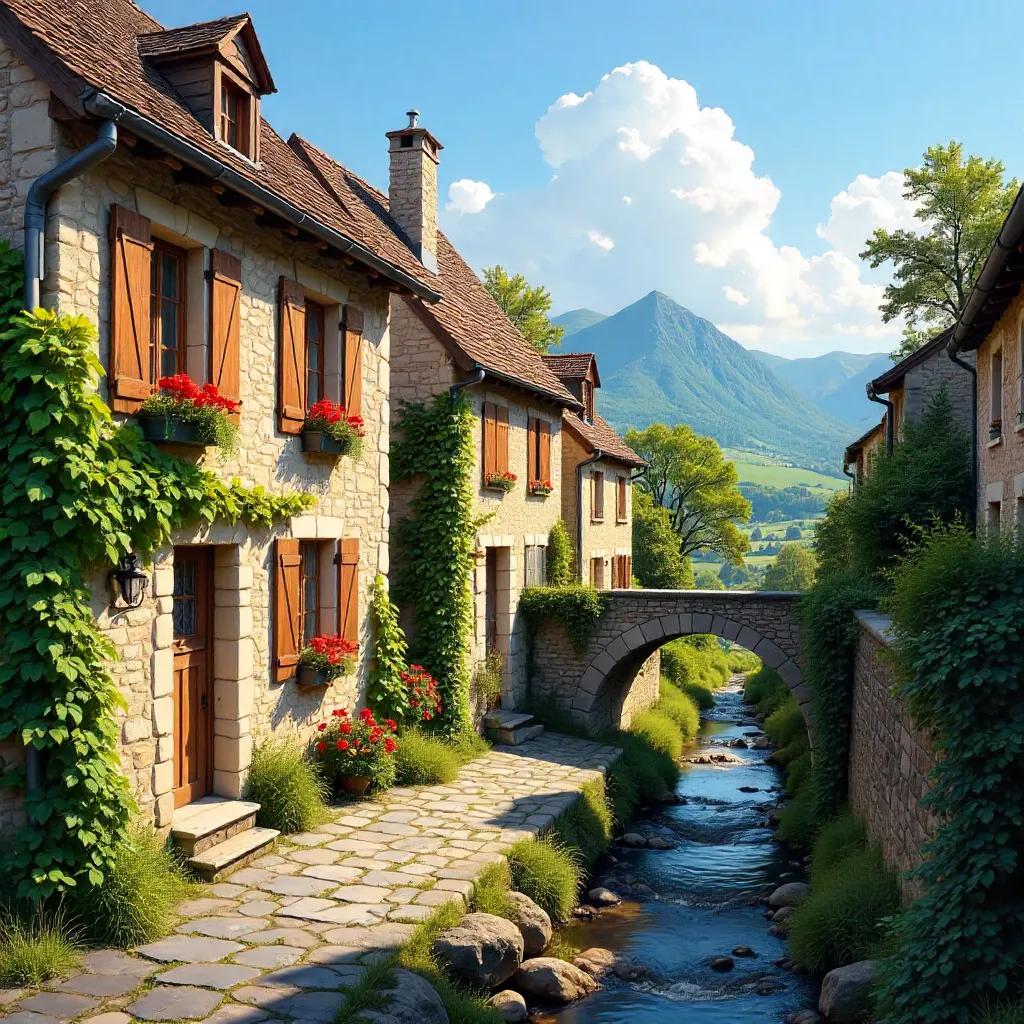 Rustic Stone Village Under a Blue Auvergne Sky