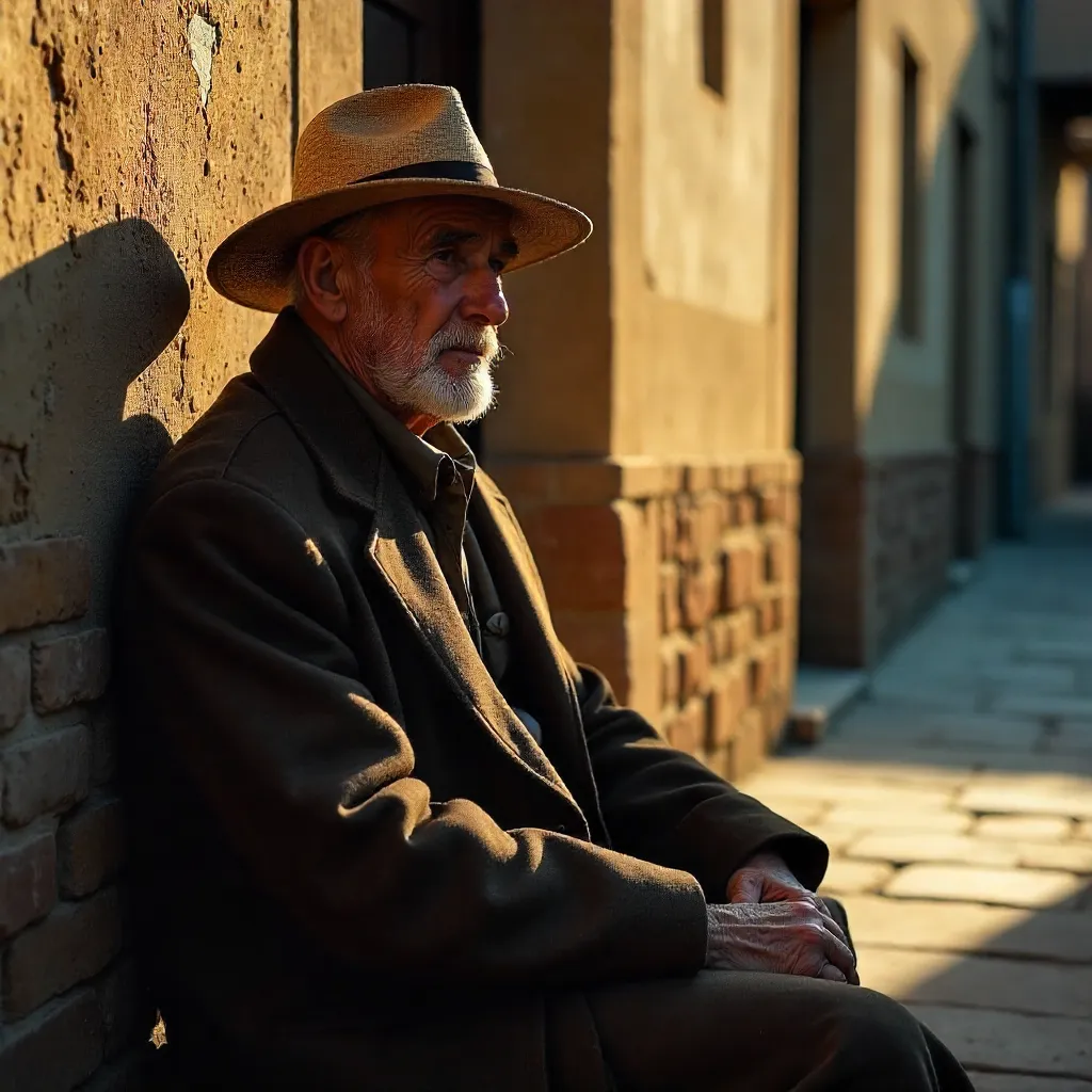 Contemplative Elderly Man by a Textured Wall