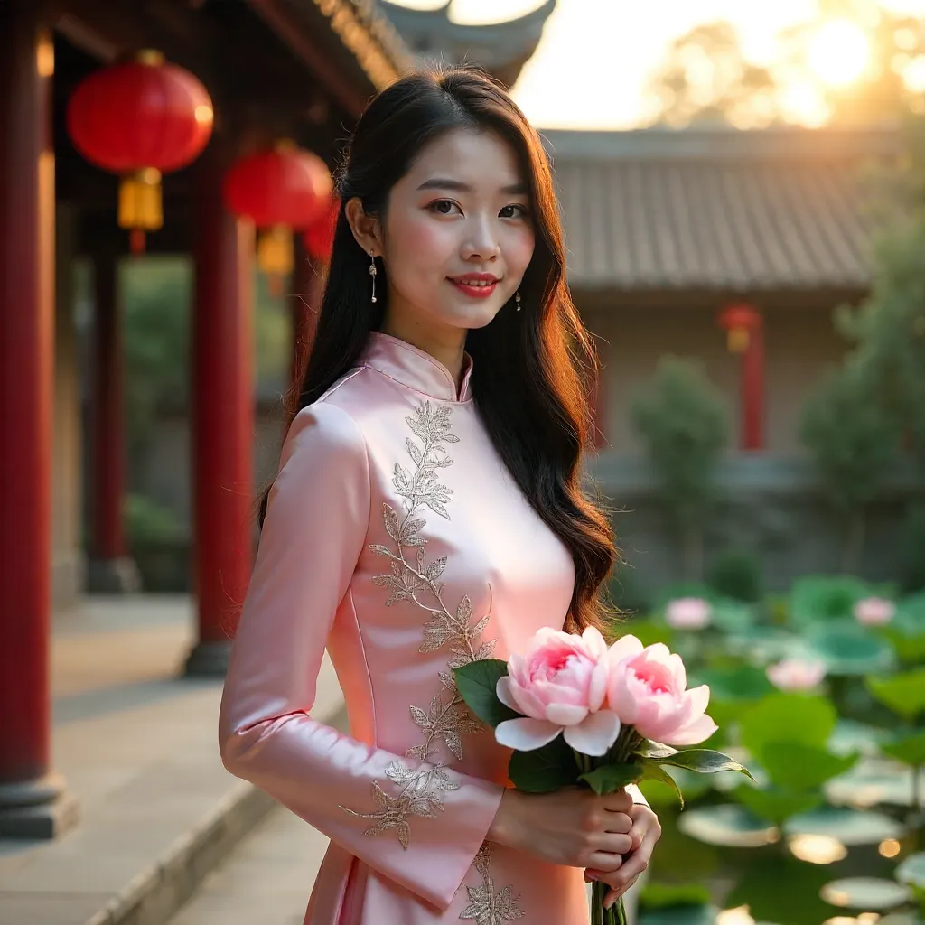 Young Woman in Ao Dai Holding Flowers by a Pagoda