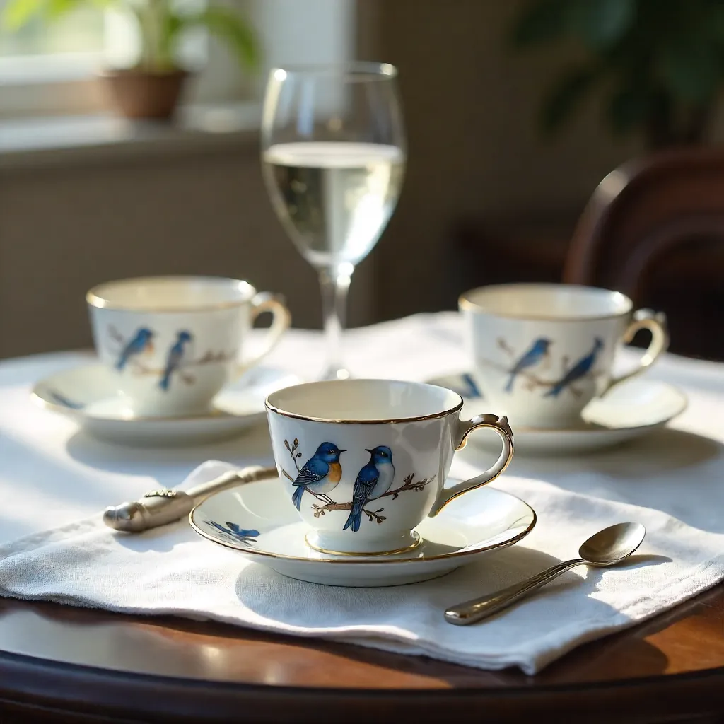 Bird-Designed Coffee Cups on an Elegant Table Setting