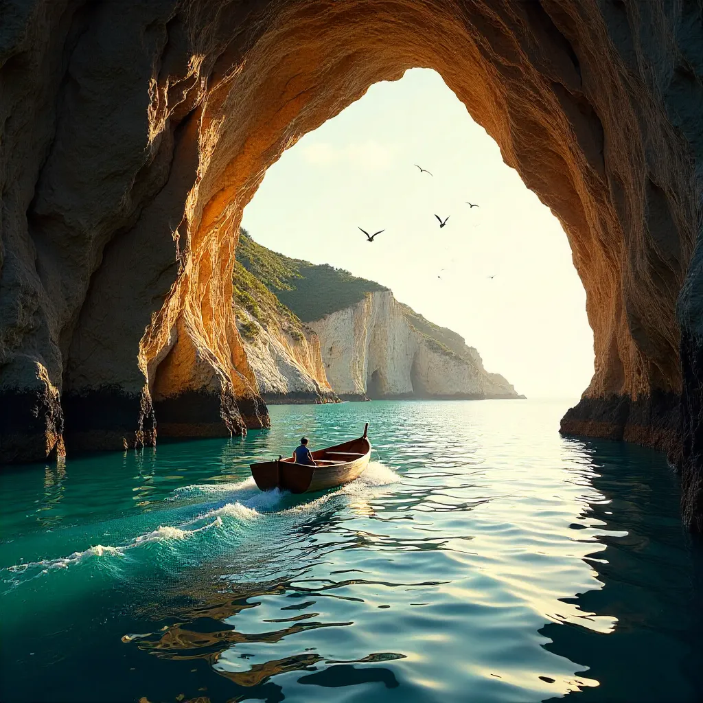 Boat Through a Tranquil Carvoeiro Sea Cave