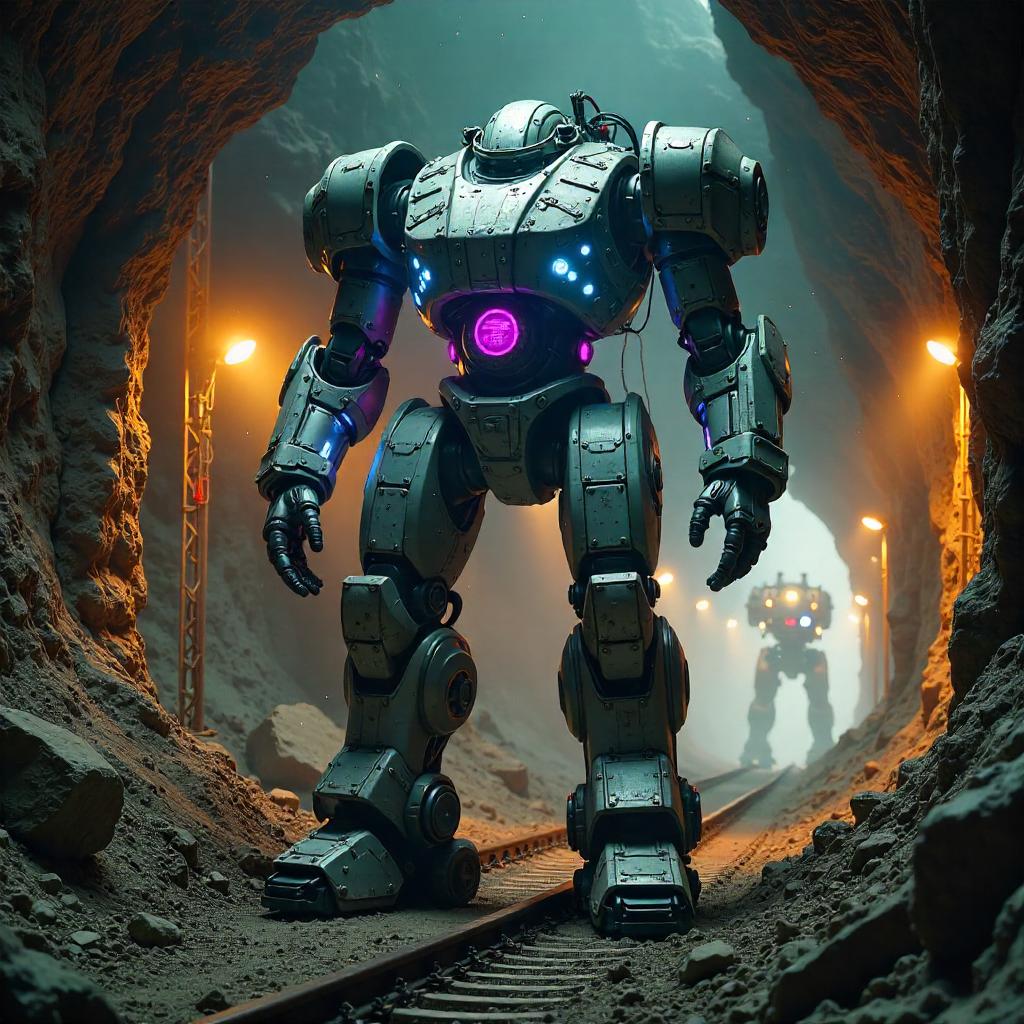 Neon Cyberpunk Mech in a Mine Tunnel