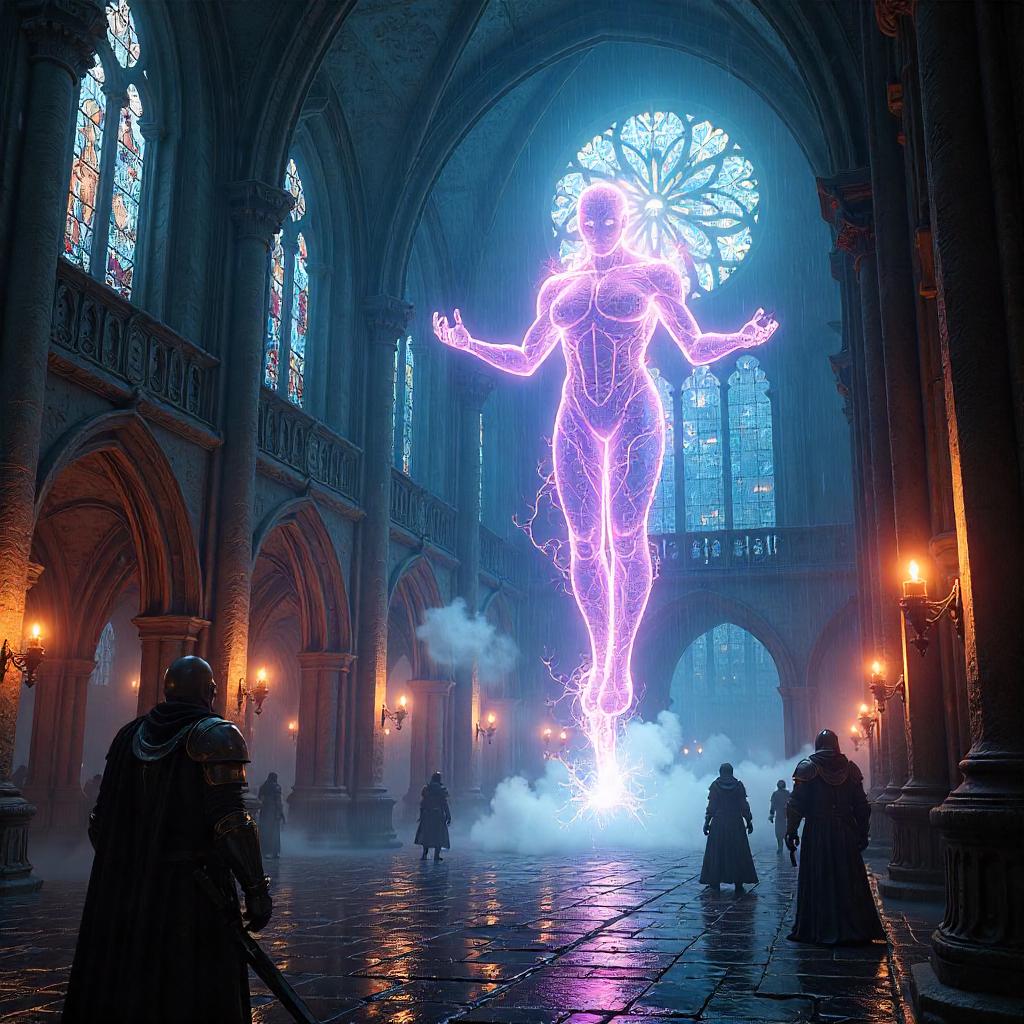 Neon-Energy Spirit in a Cyberpunk Castle Hall