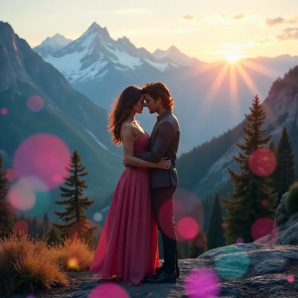 Romantic Embrace Among Majestic Mountains with Colorful Bokeh