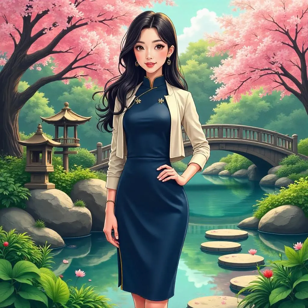 Confident Asian Woman in an Anime Garden