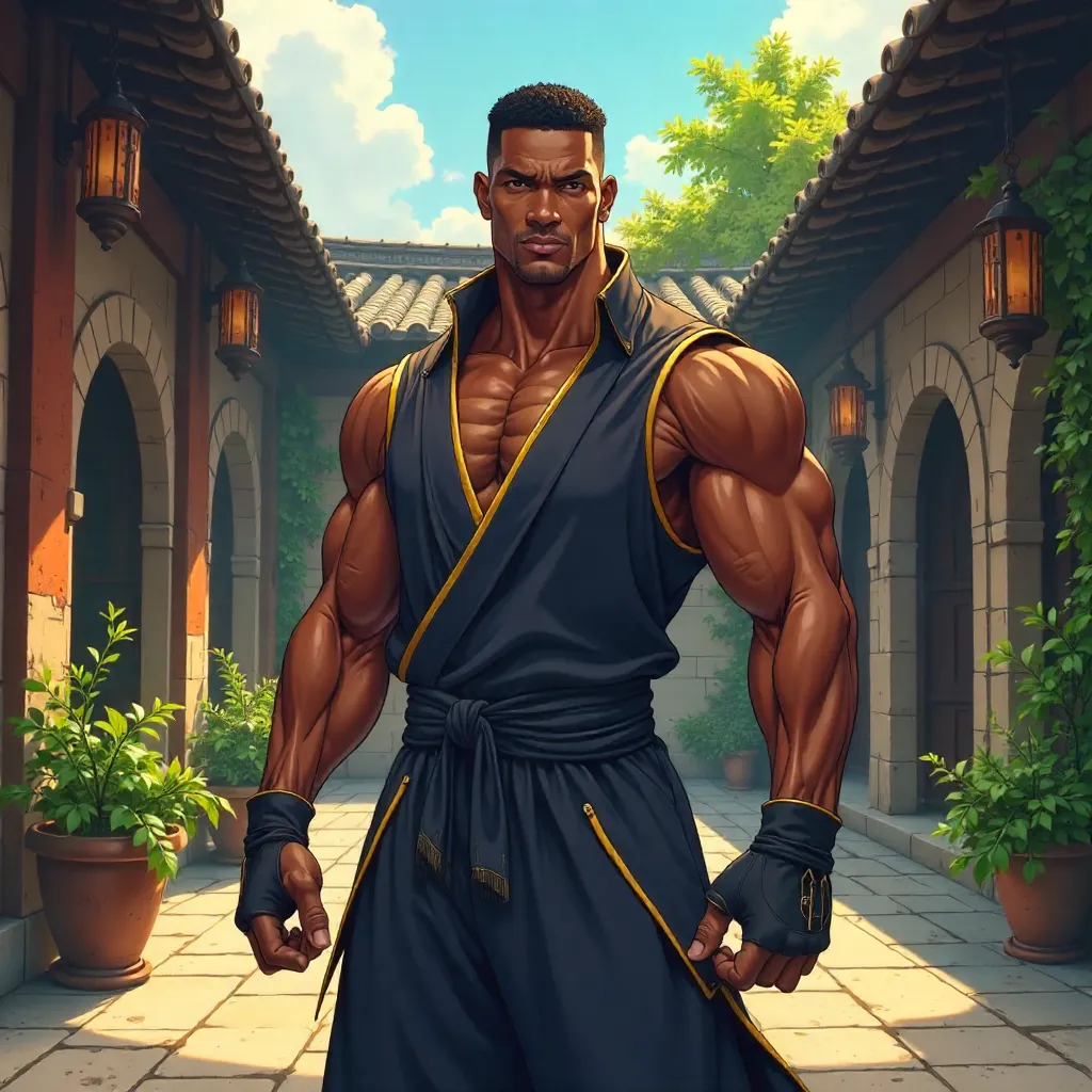 Muscular Black Hero in an Anime Courtyard