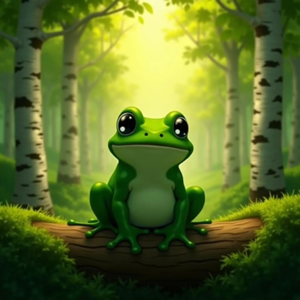 Luminescent Anime Frog in a Birch Forest