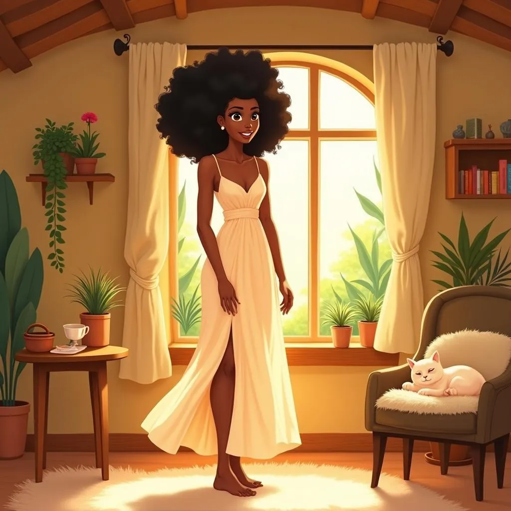 Anime-Style Black Woman in a Cozy Cottage