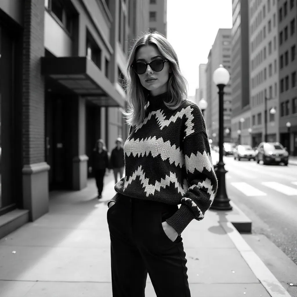 Noir Chic: Patterned Sweater in the City