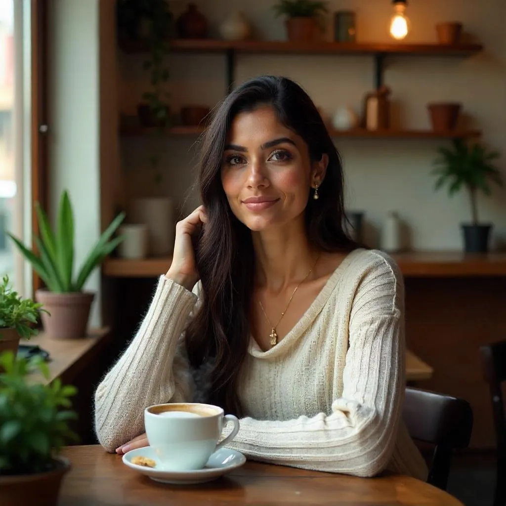 Photorealistic Indian Woman in a Cozy Coffee Shop